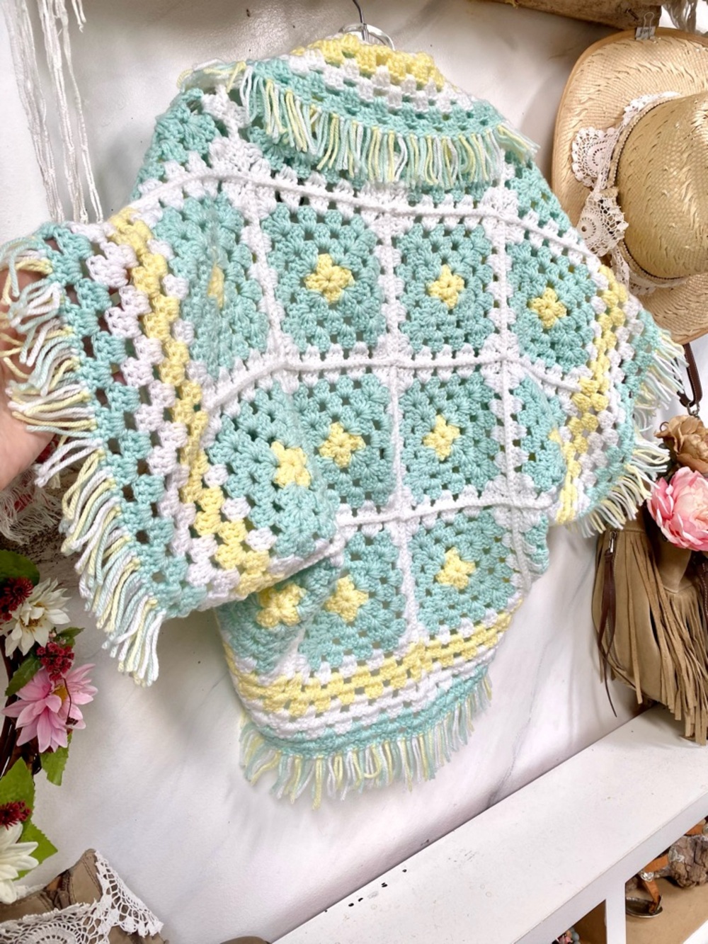 Artisan Granny Square summer shrug cover up w farmhouse cottagecore vibe